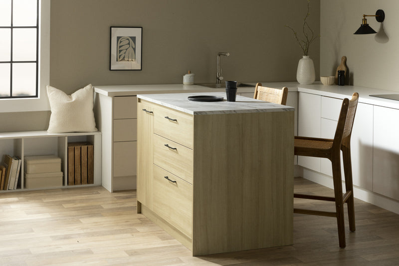 Myro Kitchen Island With Door And Drawers - Faux White Marble And Blonde Oak 