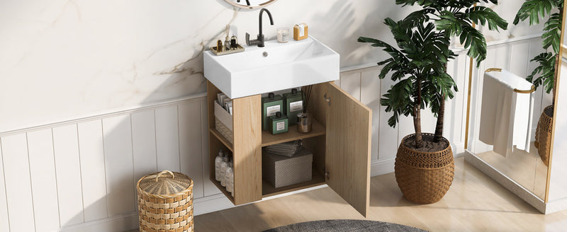 Camille Floating Bathroom Vanity with Ceramic Sink and Left Side Storage, Natural