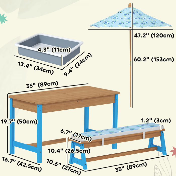 Qaba Kids Picnic Table with Umbrella, Toddler Sand and Water Table Outdoor, with Cushions & 2 x Boxes, Wooden Outdoor Activity Table and Bench Set for Backyard Garden Patio, Blue