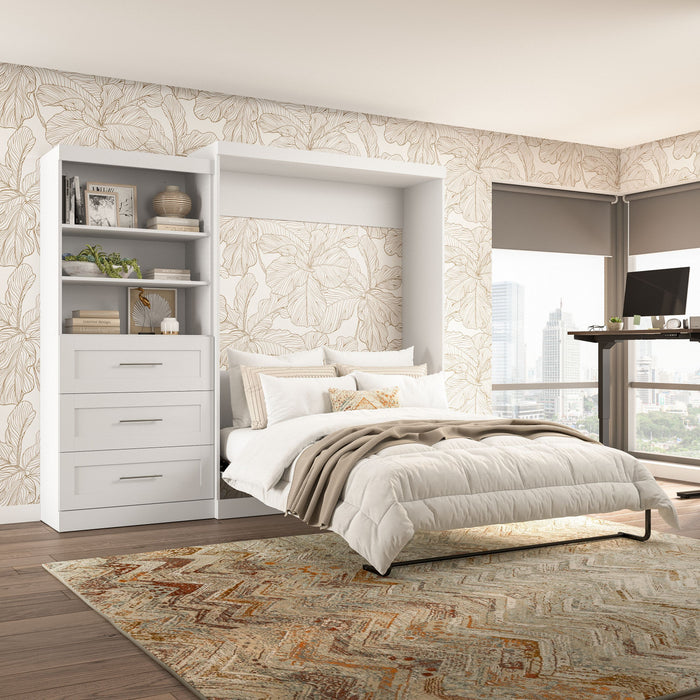 Bestar Pur Queen Murphy Bed and Shelving Unit with Drawers 101-Inch Wall Bed - White