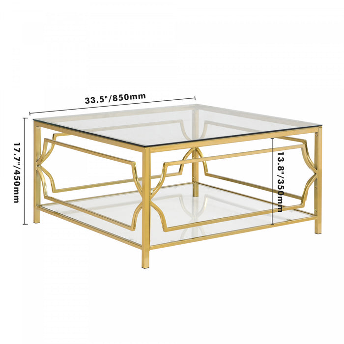Gleam 33.5 Inch Square Tempered Glass Coffee Table with Geometric Gold Frame and Lower Shelf, Transparent