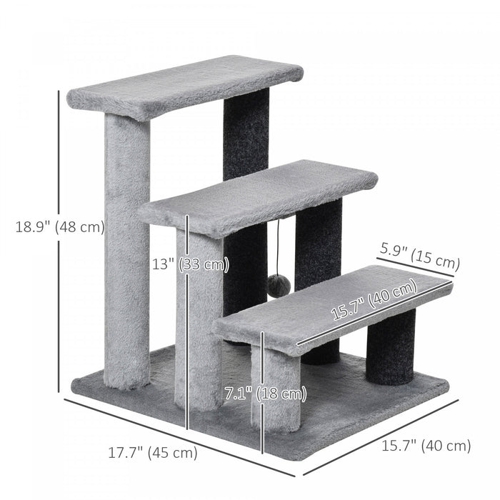 Pawhut Cat Stairs 3 Steps For Bed, Couch With Scratching Posts, Small Cat Tree For Indoor Cats With Toy Ball, 17.5\" X 15.5\" X 19\", Light Grey