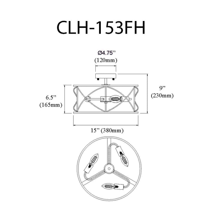 Dainolite Calah 3 Light Semi-flush Mount Incandescent Aged Brass Lamp