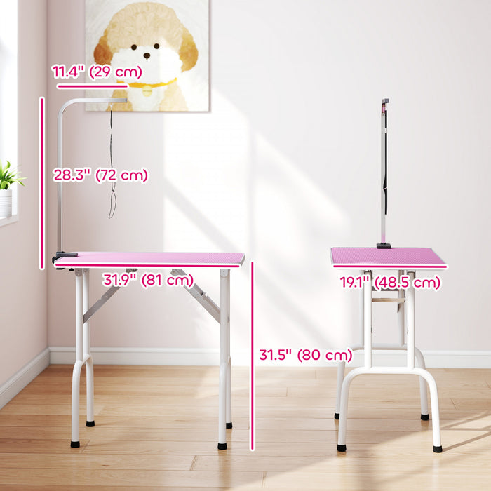 PawHut 32in Foldable Dog Grooming Table for Small Dogs, Pet Grooming Table for Dogs Cats with Adjustable Arm, Non-Slip Surface, Pink