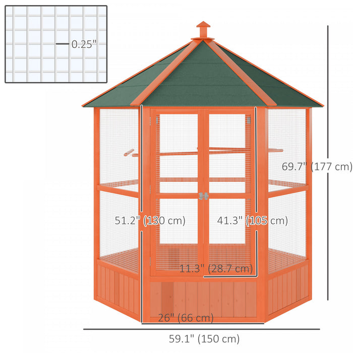 Pawhut Bird Cage, 70\"h Wooden Parrot Cage, Large Hexagonal Outdoor Aviary With Asphalt Roof, Doors, Brown