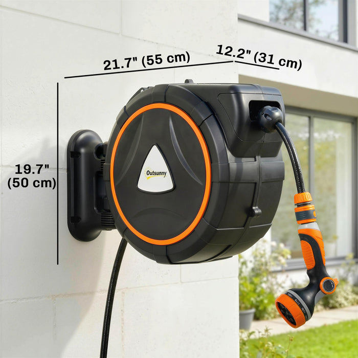Outsunny Retractable Garden Hose Reel, 1/2\" x 92ft Wall Mounted Hose Reel with 12-Pattern Nozzles, Auto Retraction, Self-Locking, Slow Return System, 180° Swivel Bracket
