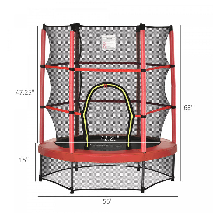 Outsunny 55\" Kids Trampoline with Enclosure Net Steel Frame Indoor Round Bouncer Rebounder Age 3 to 6 Years Old, Red