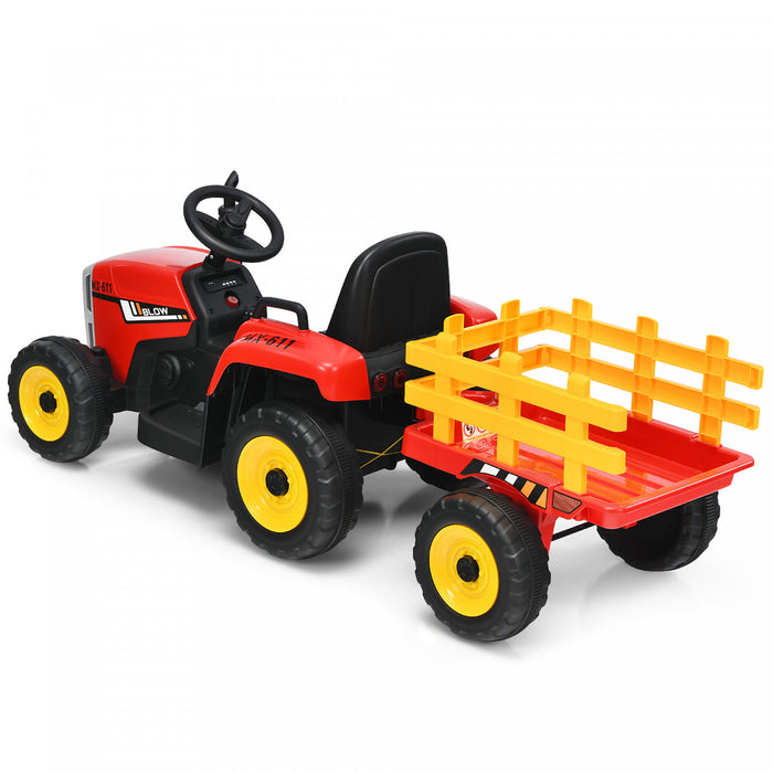 Costway 12v Kids Ride On Tractor With Trailer Ground Loader W/ Rc & Lights Red