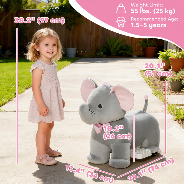 Qaba 6V Ride on Toy Elephant, Battery Powered Kids Electric Ride on Horse with Music, Soft Touch, Silent PU Wheels, Forward, Riding Toy Gift for Boys Girls Aged 1.5-5 Years, Grey