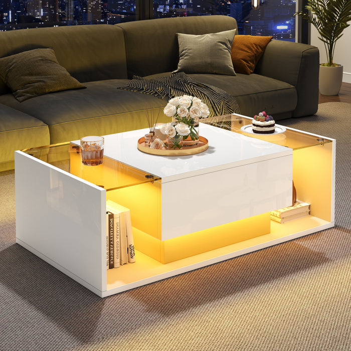 Evan Coffee Table with LED Lighting and Glass Top,White