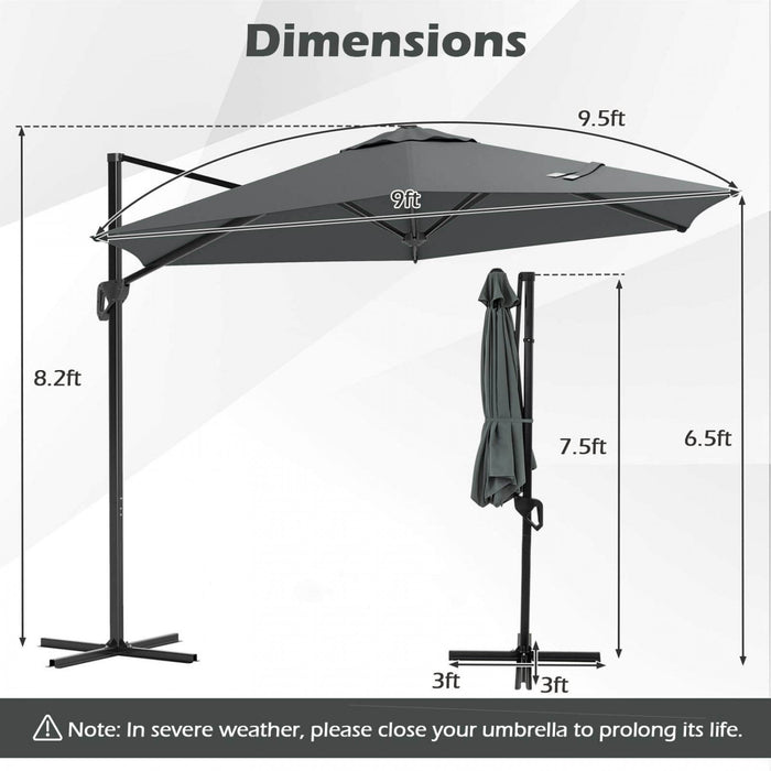 Costway 9 FT Patio Cantilever Umbrella with Sun-Protective Canopy, Top Air Vent Cross Base Gray