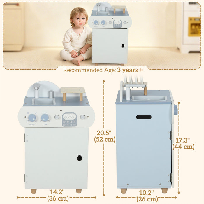 Qaba Wooden Dishwasher Playset, Pretend Play Kitchen Toys with Faucet, Turning Knobs and Accessories, Play Sink Toys for Boys Girls, Light Blue