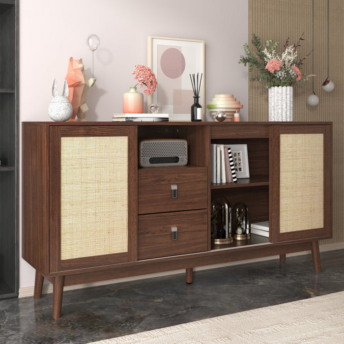 Oliver 61\" Sideboard Cabinet with Rattan Sliding Doors and Drawers,Dark Brown Accent Cabinet