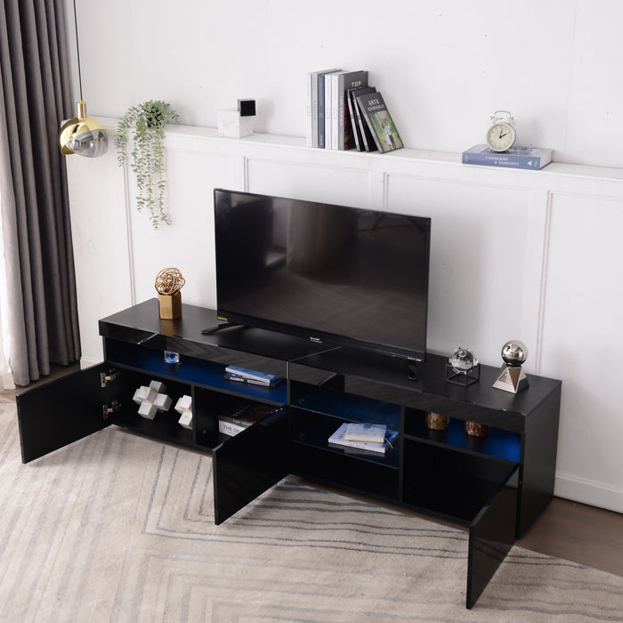 James 70.8\" Modern TV Cabinet with USB LED Lighting and High Gloss Front,Black Tv Stand
