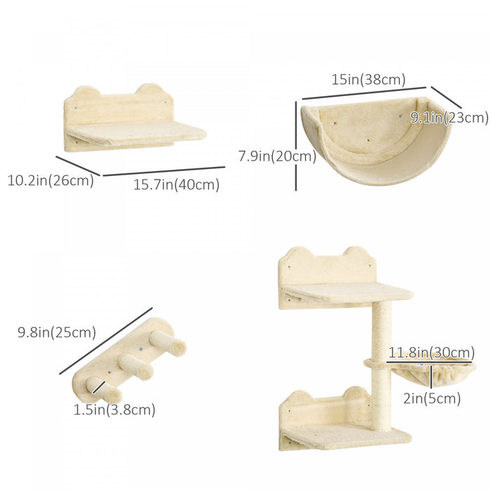 Pawhut Cat Wall Climber With Hammock, Scratching Post, 3 Steps, Jumping Platforms, Cat Wall Shelves For Relaxing, Sleeping, Climbing, Cat Wall Furniture For Indoor Cat - Beige