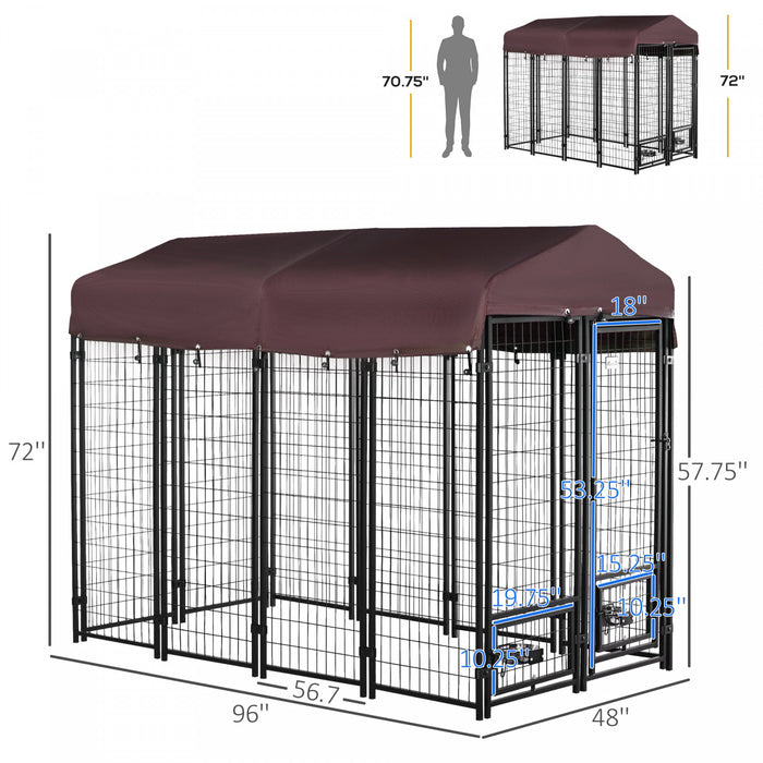 Pawhut Outdoor Dog Kennel, Lockable Pet Playpen Crate, Welded Wire Steel Fence, With Water-, Uv-resistant Canopy, Rotating Bowl Holders, Door, 8ft X 4ft X 6ft, Red