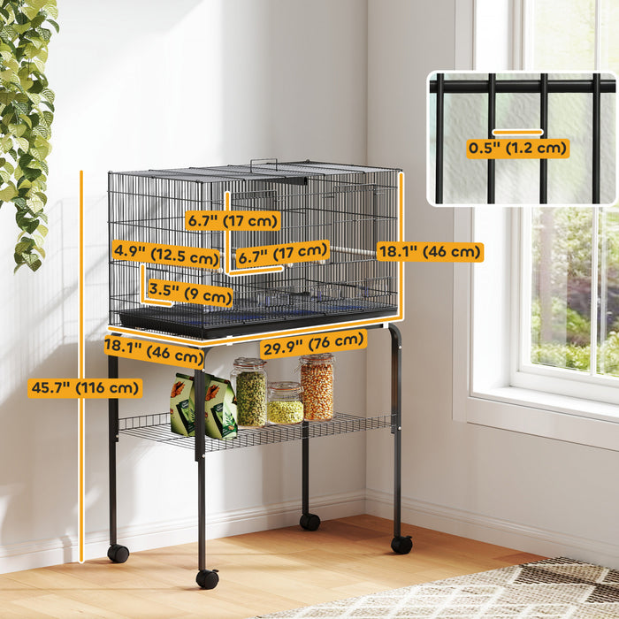 PawHut 46\" H Bird Cage, Parakeet Cages for Budgie, Lovebird, Canary, Finches with Divider, Wheeled Stand, Shelf, 4 Wooden Perches, Slide Out Tray, 4 Feeders, Black