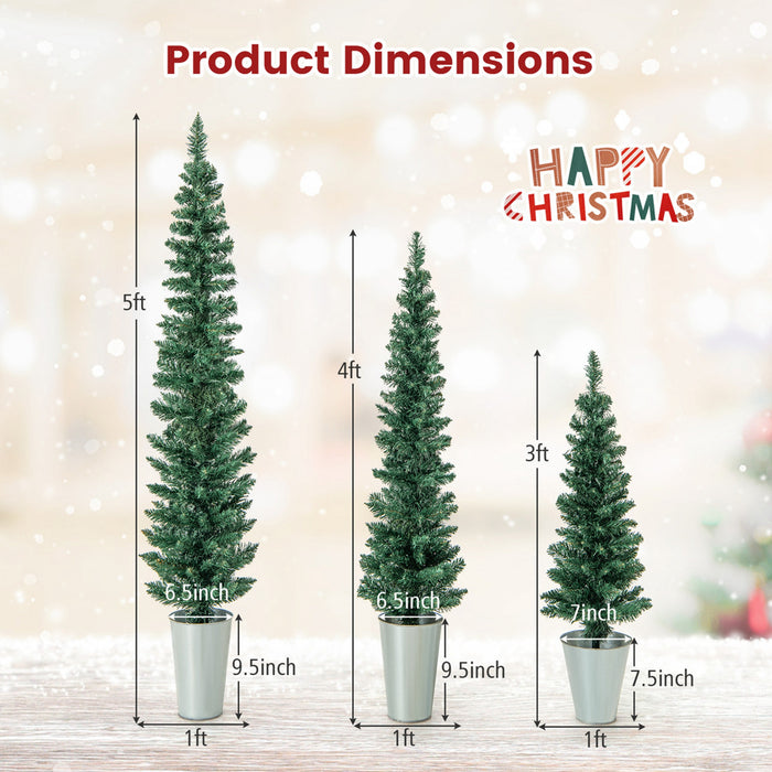 Costway Potted Artificial Christmas Tree Set Of 3 With 3/4/5 Ft Faux Slim Pencil Trees