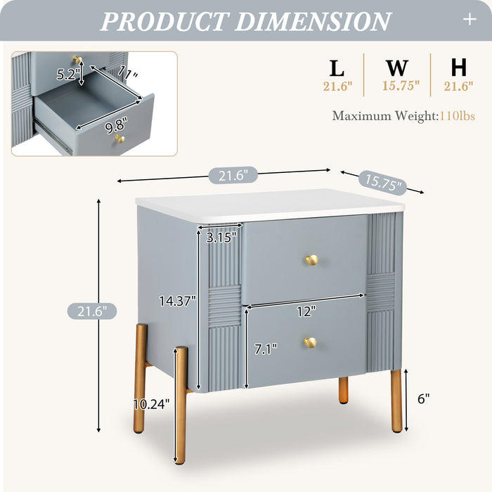 Lila Modern Nightstand with Storage Drawers and Metal Handles,Blue