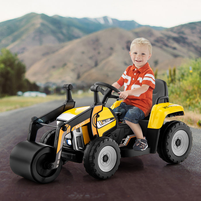 Costway Kids Ride On Road Roller 12v Electric Tractor Remote W/ Music & Led Light Yellow