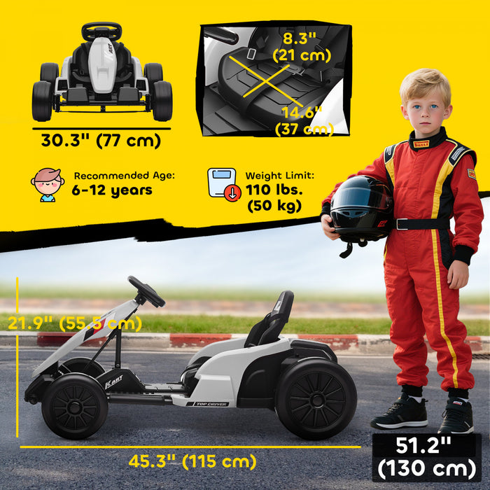 Qaba Electric Go Kart, 24V 9Ah Big Battery, Kids Drift Kart with Dual 150W Motors, Adjustable Seat & 11.2MPH High Speed, Slow Start, 5-Point Harness, for 6-12 Years, White