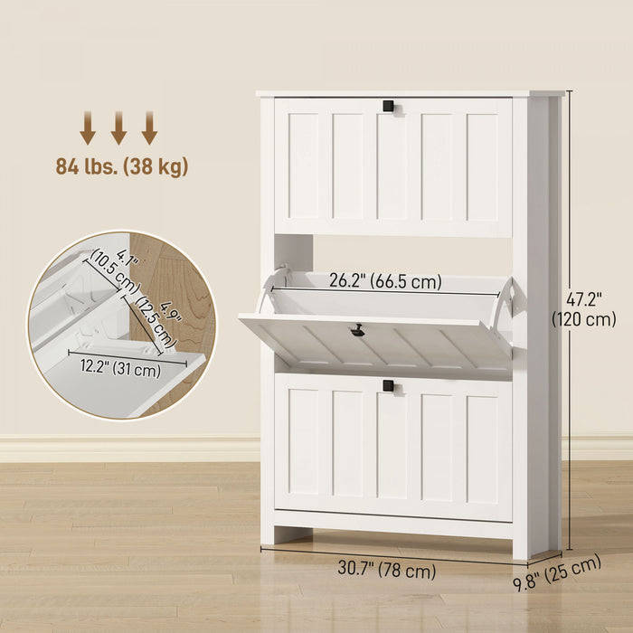 HOMCOM Narrow Shoe Cabinet with 3 Flip Drawers, Shoe Storage Cabinet, White