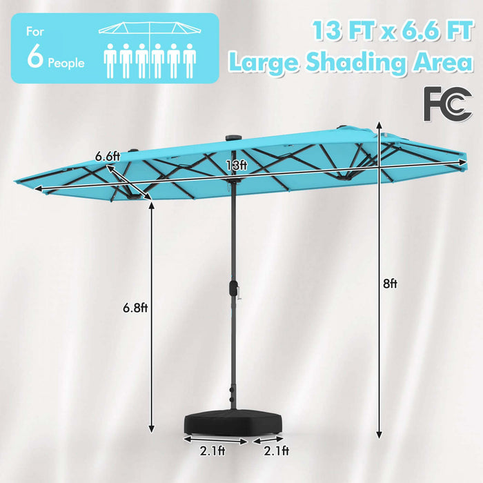 Costway 13FT Double-sided Patio Umbrella with Solar Lights Crank Handle Umbrella Base Turquoise