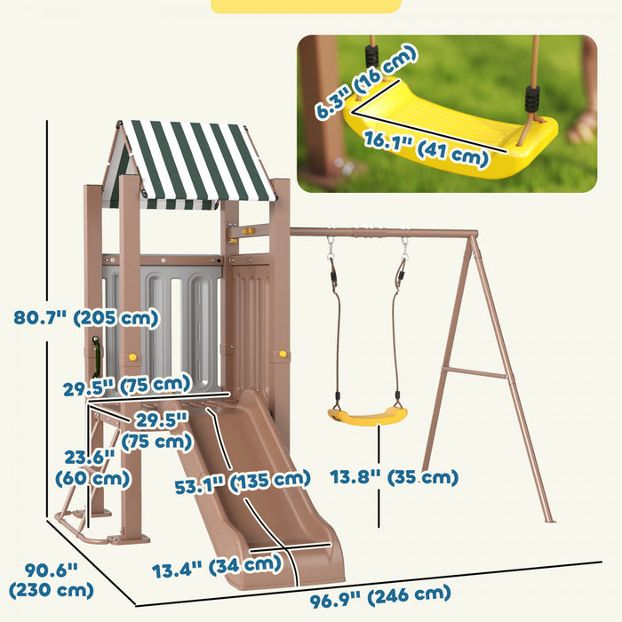 Qaba 4-in-1 Kids Swing Set with Slide, Heavy-Duty Metal Swing Set with Covered Fort, Climbing Ladder, Ground Stakes, Outdoor Play Structure for Playground, for Kids Ages 3-8, Brown