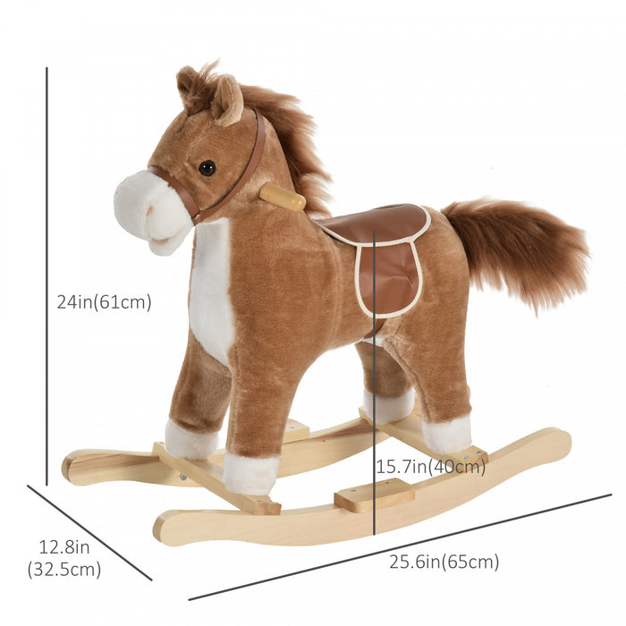 Qaba Rocking Horse Plush Animal On Wooden Rockers With Sounds, Wooden Base, Baby Rocking Chair For 36-72 Months, Brown