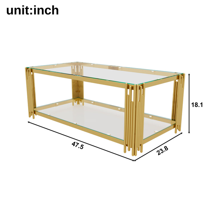 Aria 47.5 Inch Modern Rectangular Coffee Table with Asymmetrical Gold Frame and Glass Top, Transparent