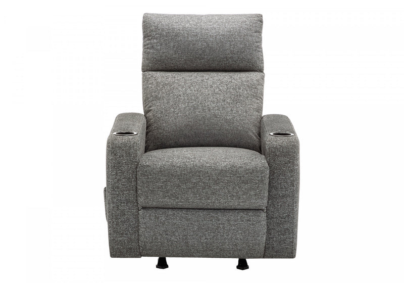 Upholstered Small Reclining Chair, Manual Rocker, Cup Holders, Dark Grey Fabric Recliner