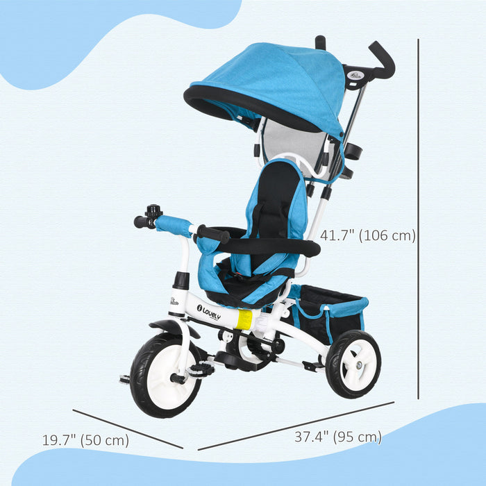 Qaba Toddler Tricycle, 6 In 1 Baby Bike Stroller With Foldable Canopy, Storage Basket, 5-point Safety Harness, Kids Trike For 1-5 Years Old, Blue