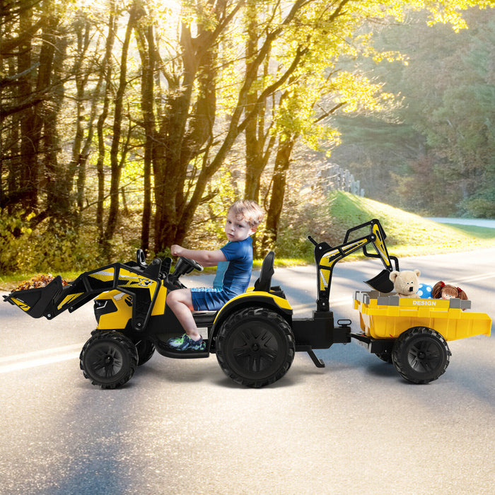 3-in-1 Kids Ride On Excavator Bulldozer 12v Electric Tractor Remote W/ Trailer Yellow