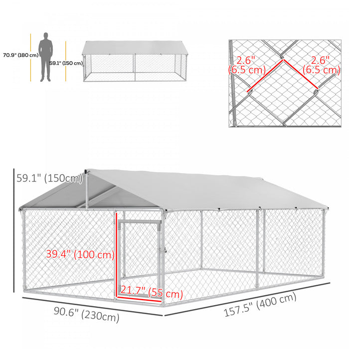 Pawhut Outdoor Dog Kennel Dog Run With Waterproof, Uv Resistant Cover For Medium And Large Sized Dogs, 13.1' X 7.5' X 4.9', Silver