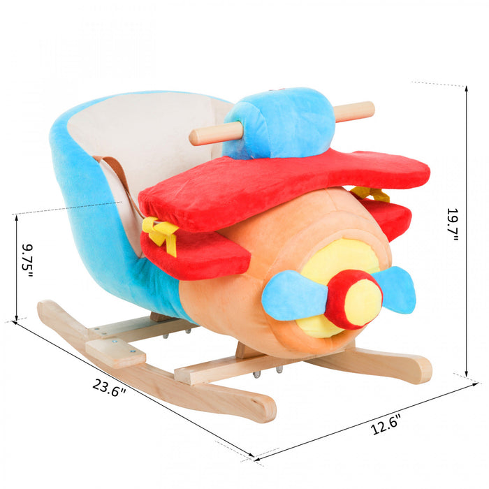 Qaba Kids Wooden Plush Ride-on Rocking Plane Chair Toy For Toddler Boy&girl With Nursery Rhyme