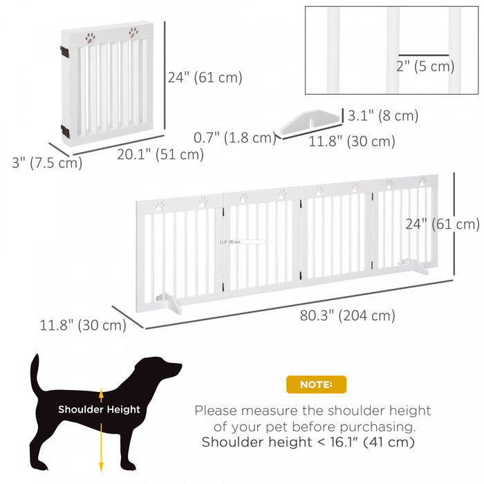 Pawhut Freestanding Pet Gate 4 Panel Wooden Dog Barrier Folding Safety Fence With Support Feet Up To 80.25\" Long 24\" Tall For Doorway Stairs White