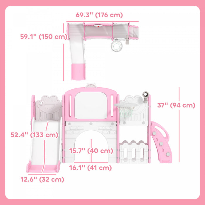Qaba Toddler Slide, 7 in 1 Kids Slide with Climber, Basketball Hoop, Telescope, Drawing Board, Storage Box, Indoor Outdoor Playground, Gifts for Boys Girls Ages 1-3, Pink