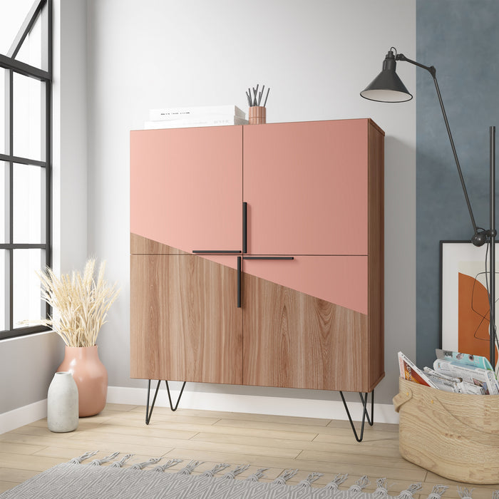 Manhattan Comfort Beekman Low 4-Shelf Accent Cabinet - Brown & Pink Accent Cabinet