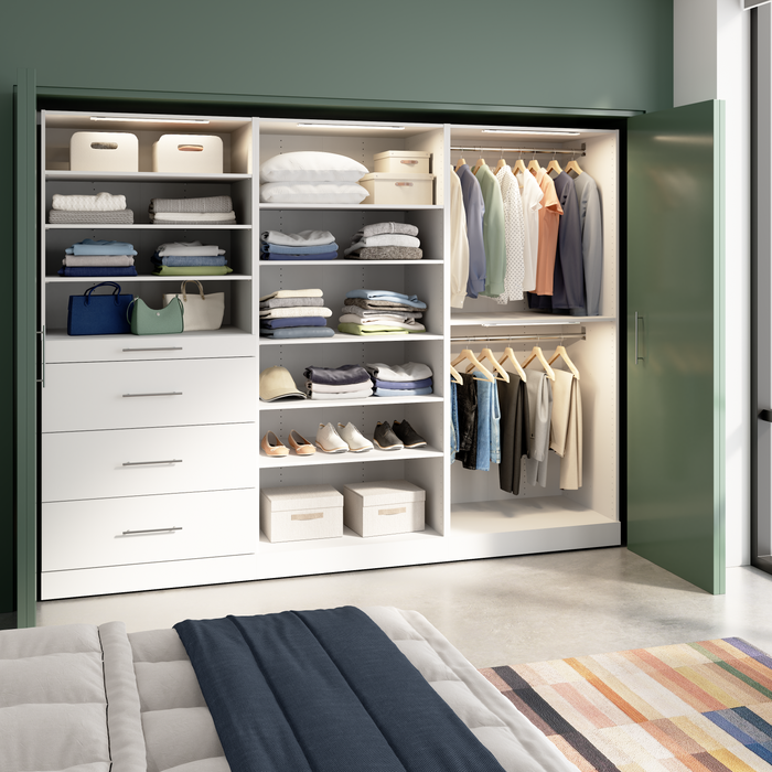 Bestar Florence 107\" Modular Walk-In Closet System With LED Lights, Rods, Shelves and Drawers Slab Style - White