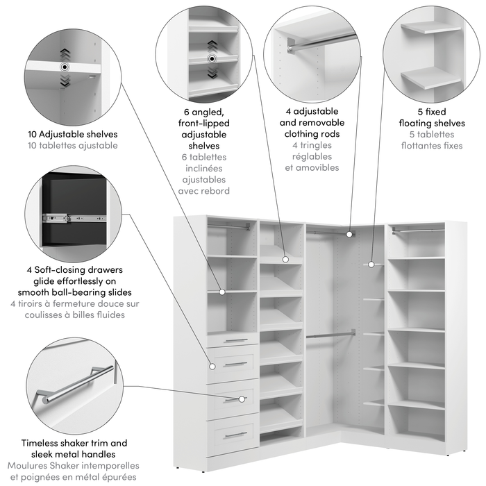 Bestar Florence 85\" Modular L-Shaped Walk-In Closet System with Rods, Shoe Shelves and Storage - White