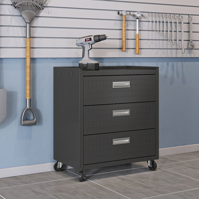 Manhattan Comfort Fortress Textured Metal 31.5\" Garage Mobile Chest with 3 Drawers - Charcoal Grey