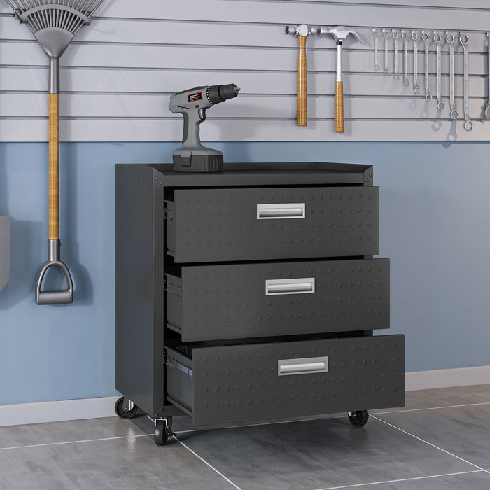 Manhattan Comfort Fortress Textured Metal 31.5\" Garage Mobile Chest with 3 Drawers - Charcoal Grey