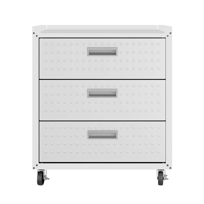 Manhattan Comfort Fortress Textured Metal 31.5\" Garage Mobile Chest with 3 Drawers - White