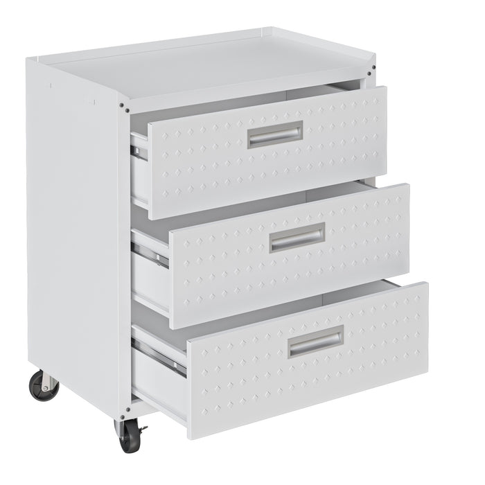 Manhattan Comfort Fortress Textured Metal 31.5\" Garage Mobile Chest with 3 Drawers - White