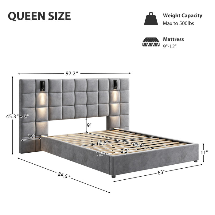 Ethan Velvet Platform Bed with Grid Headboard and USB Ports,Queen Size - Grey