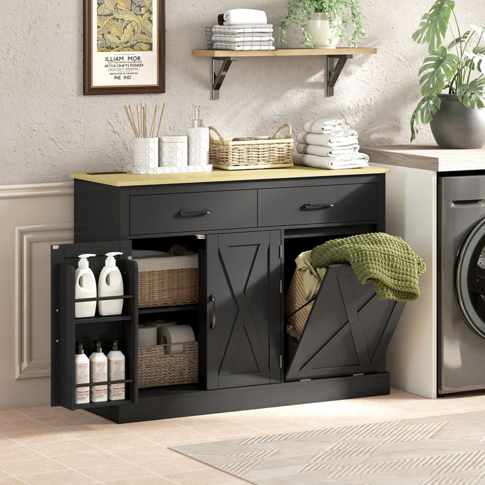 HOMCOM Tilt Out Trash Cabinet with Charging Station, Kitchen Island, Black