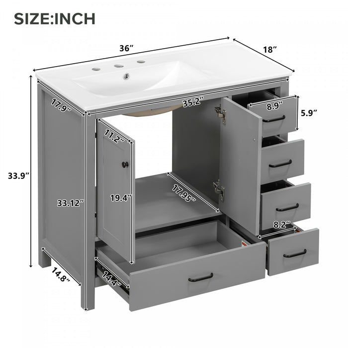 Derek 36 Inch Modern Bathroom Vanity with Ceramic Sink & Multi Storage, Grey