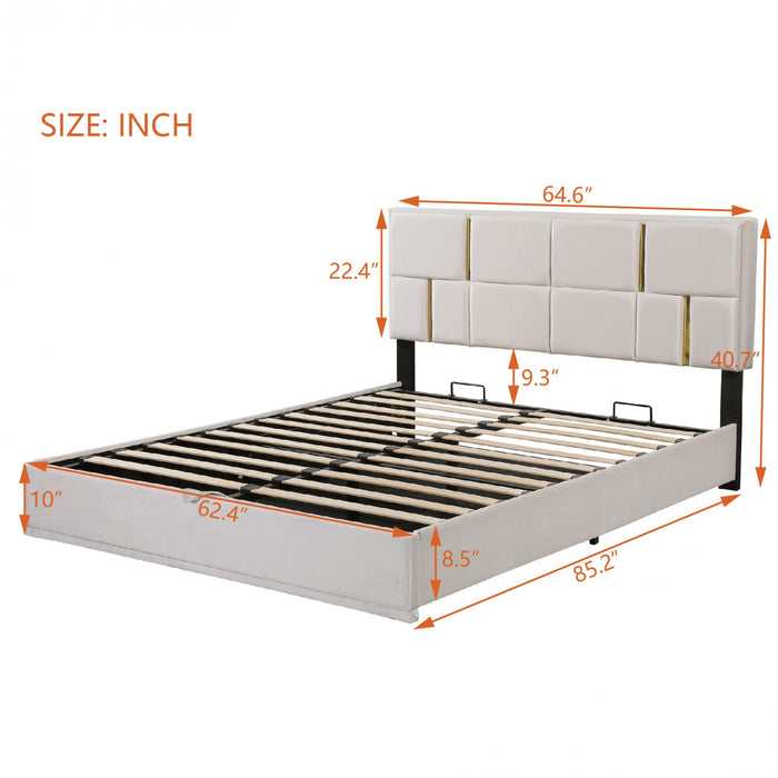 Joyce Upholstered Platform Bed With Hydraulic Storage And Velvet Frame,queen Size,beige Queen Bed