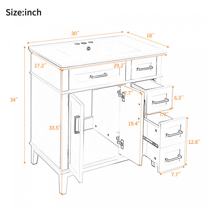 Savannah 30 Inch Bathroom Vanity with Ceramic Sink and Spacious Storage Cabinet, White