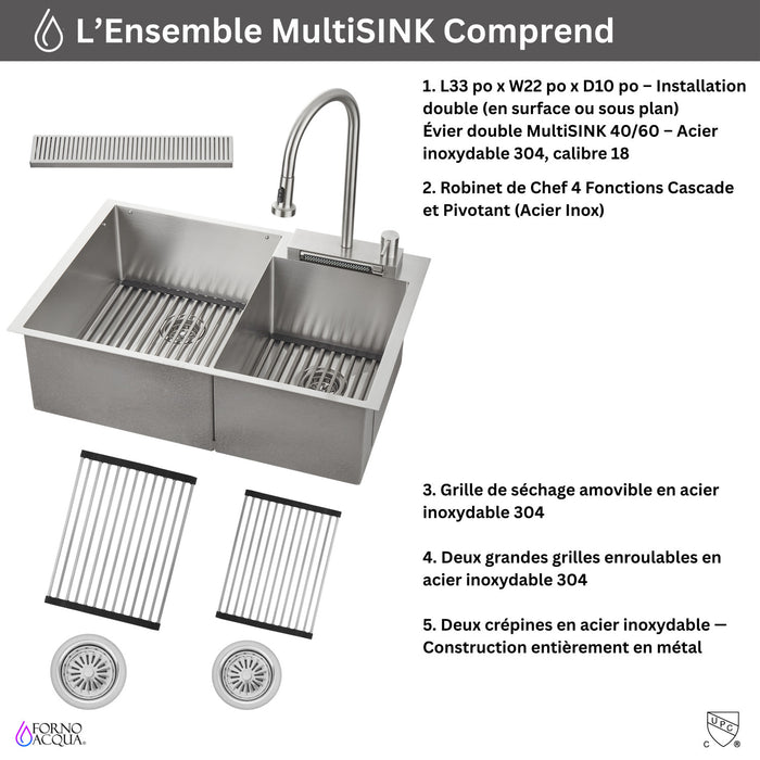 MultiSINK 33 in. D10in. Dual Mounted 60/40 Workstation Kitchen Sink, Waterfall Faucet,Stainless Steel - H-XN30 Laundry Combo